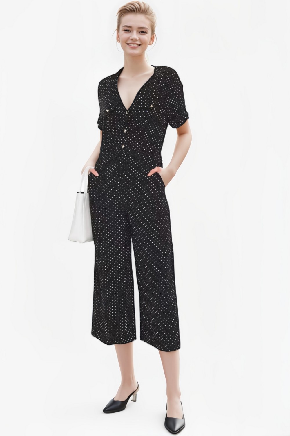 Cropped Button Embellished Polkadot Crepe de Chine Jumpsuit