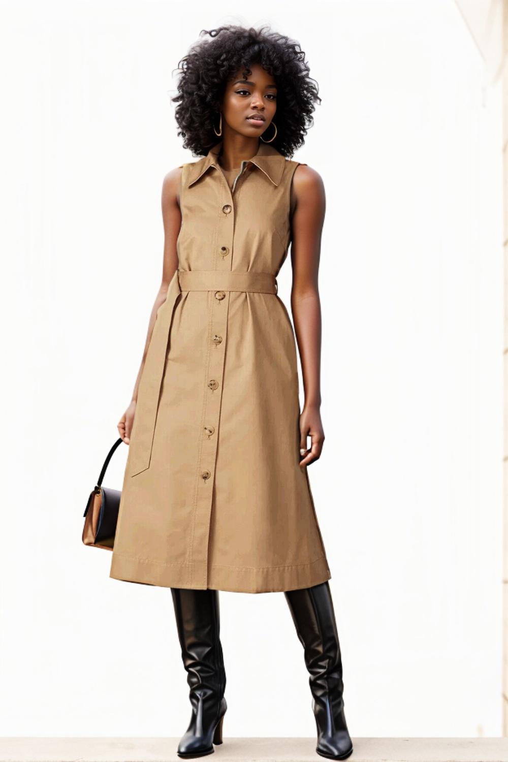 New York Belted Cotton Twill Midi Dress