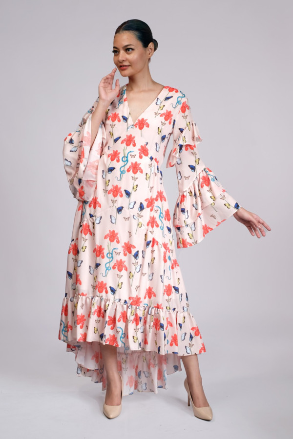 Tiered Printed Crepe De Chine Midi Dress