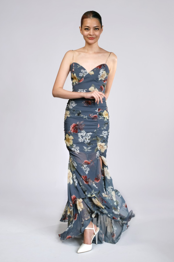 Ruched Floral Print Silk Chiffon Maxi Dress