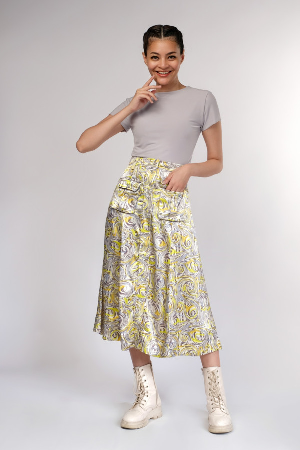 Printed Satin Midi Skirt