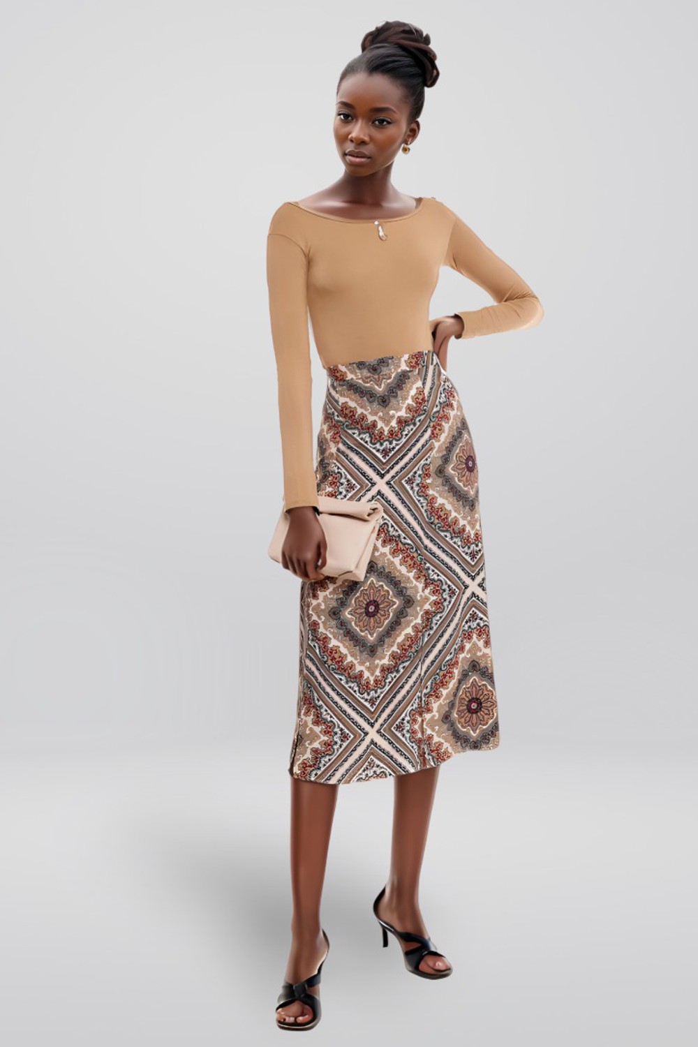 Printed Satin Crepe Midi Skirt