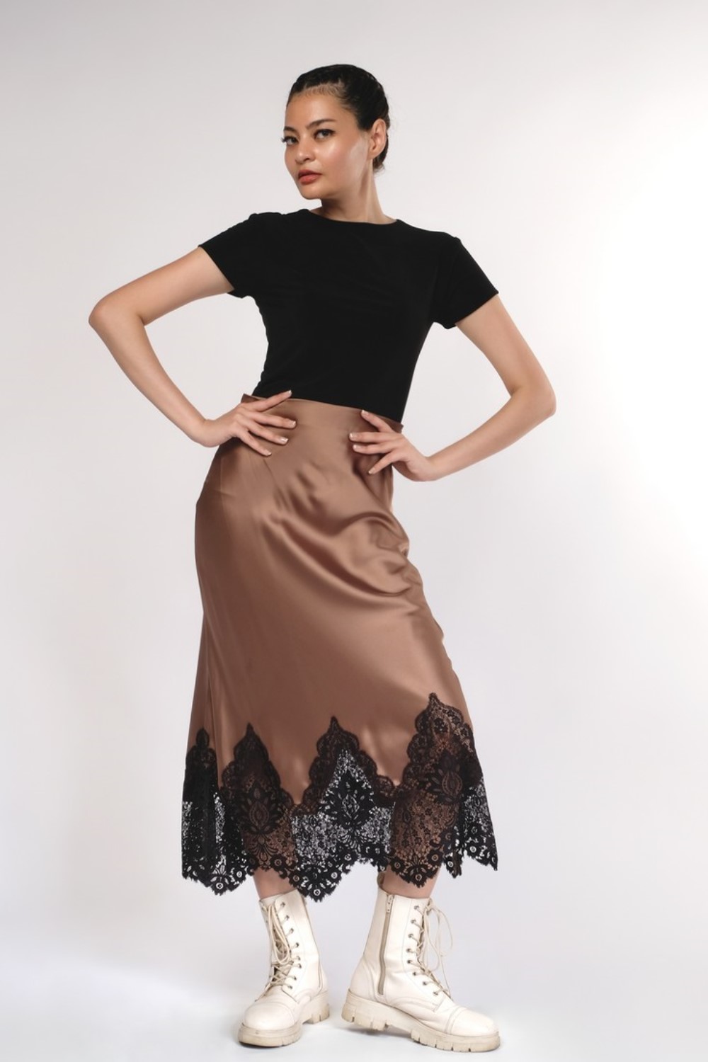 Satin Lace Midi Skirt