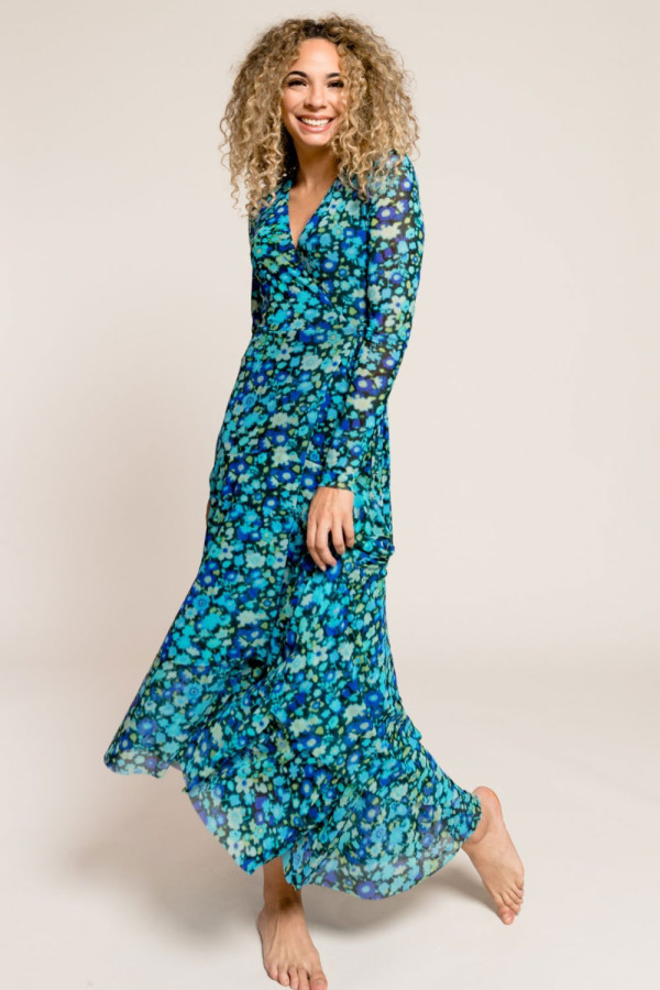 Floral-Print Stretch-Mesh Maxi Wrap Dress