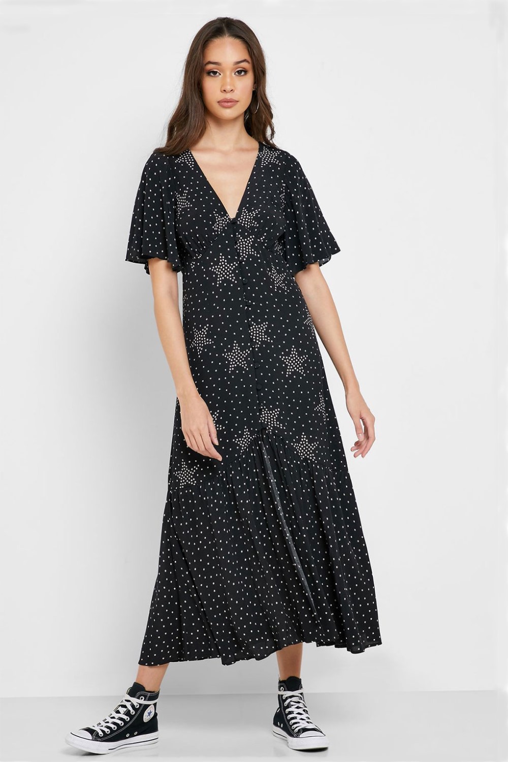 Maternity Angel Sleeve Maxi Dress in Black Print