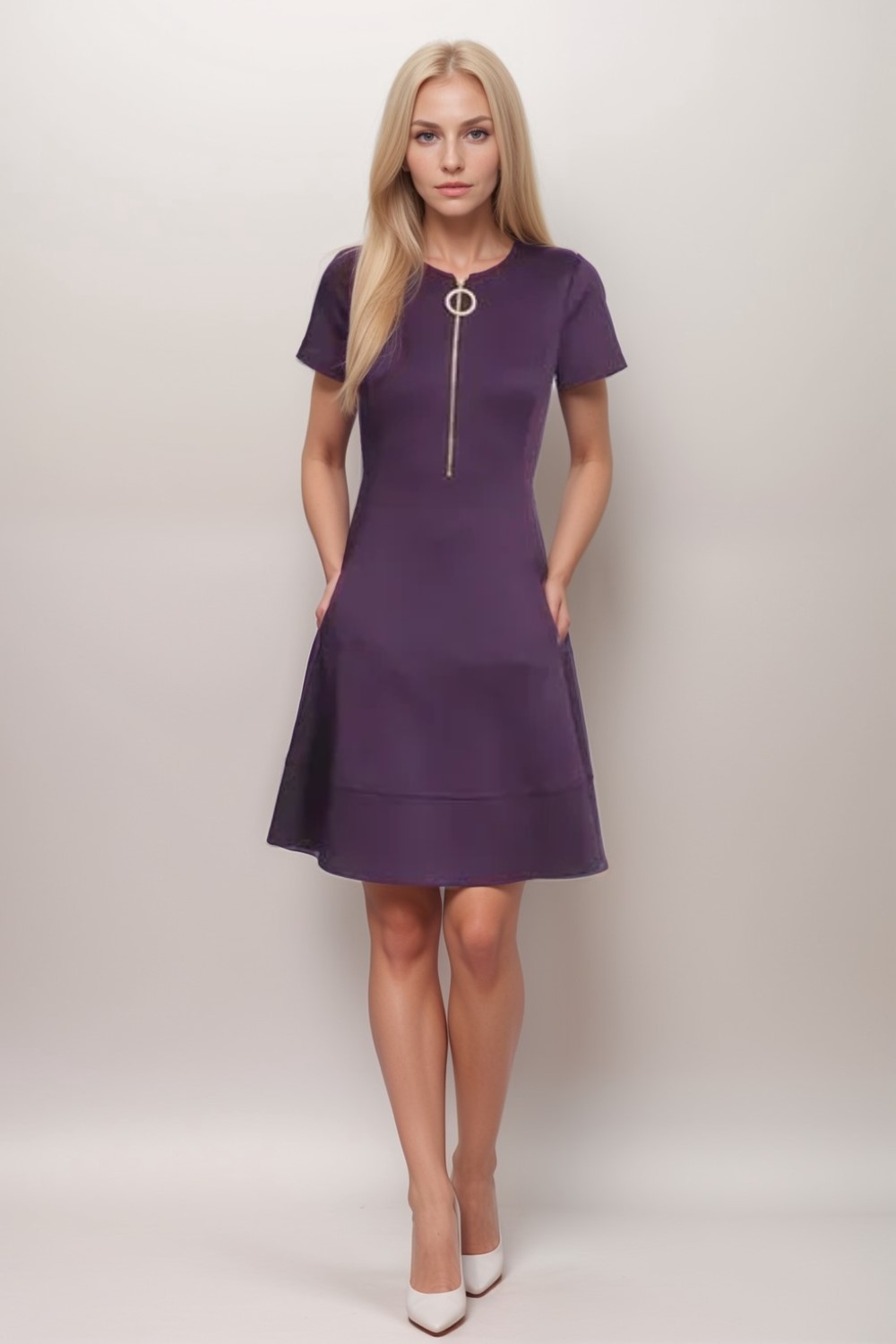 Eggplant Purple Sheath Logo O Ring Zip Front Cocktail Dress