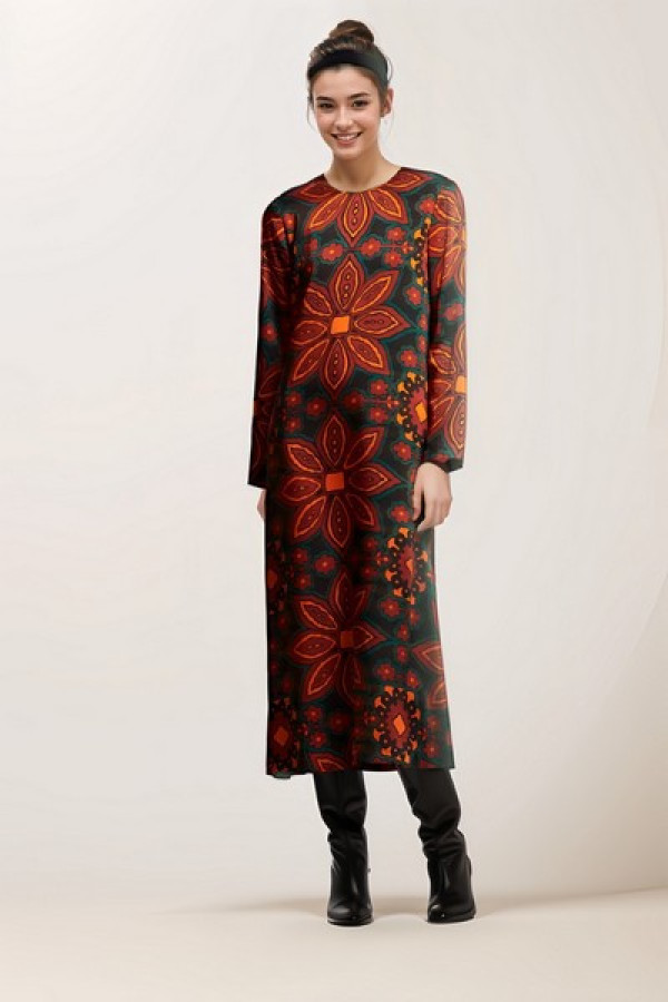 Woman Round Neck Printed Midi Dress Multicolor