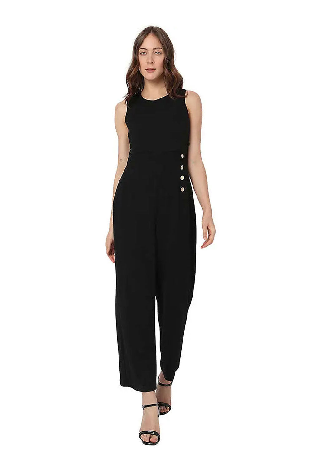 Solid Polyester Flared Fit Women`s Black Jumpsuit