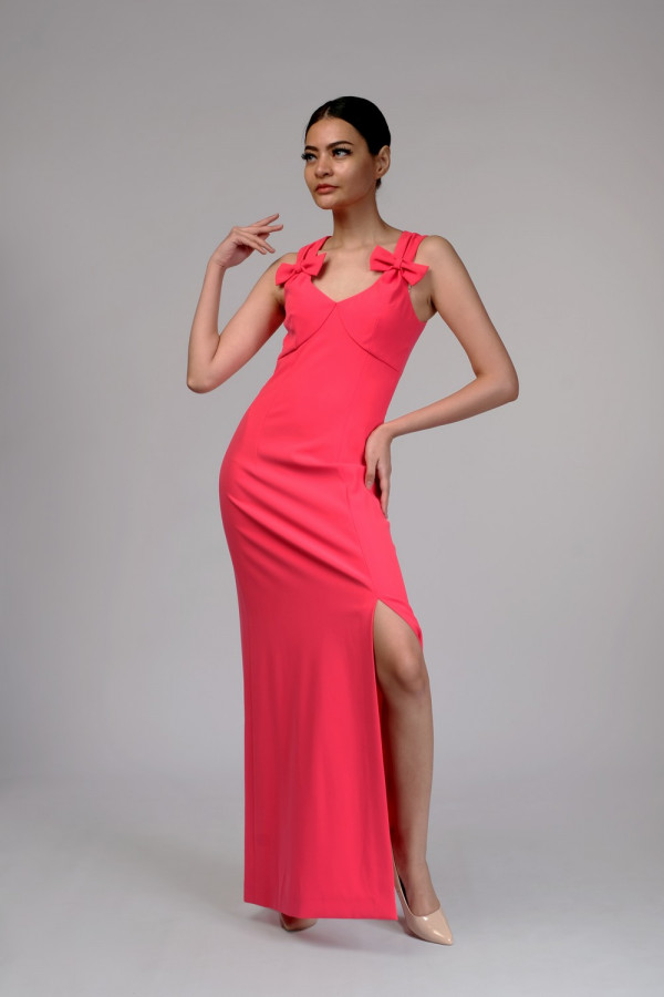 Bow Embllished Stretch Cady Maxi Dress Papaya