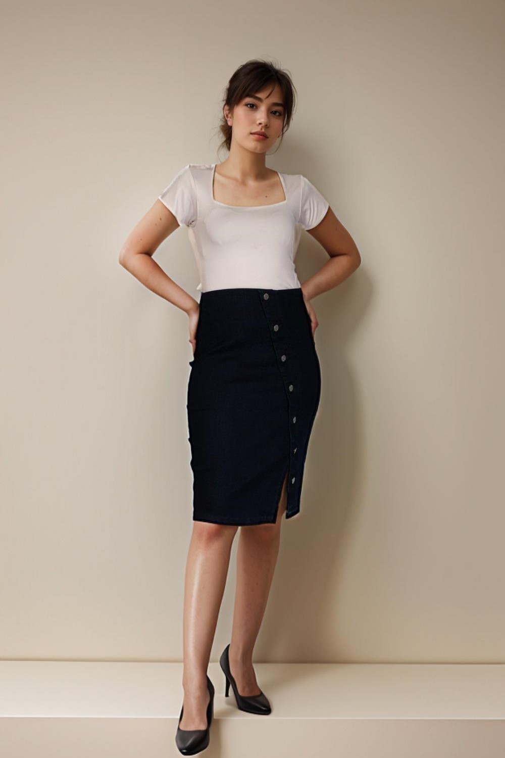 Denim Skirt With Asymetric Button Gold