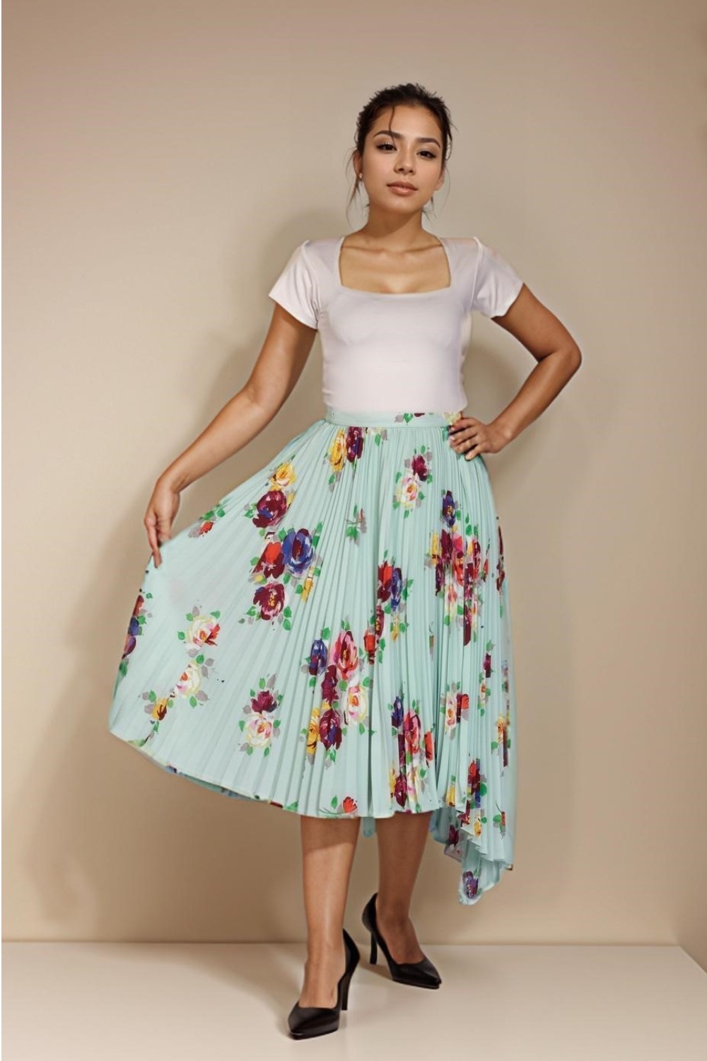 Soft Jad Rare Roses Pleated Skirt Asymmetric