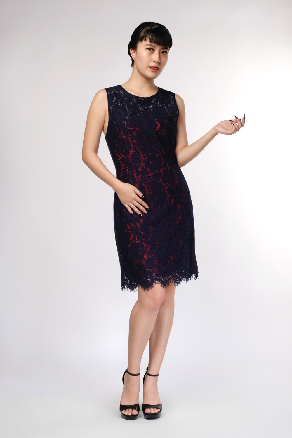 Navy Lace With Red Lining Length Dress