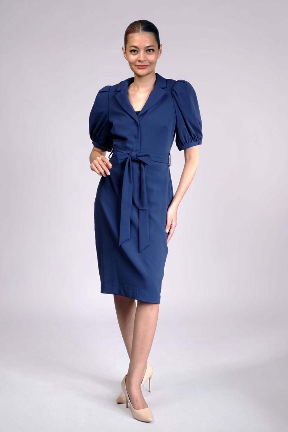 Navy Belted Crepe Dress