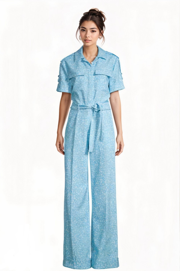 Owen Ditsy Blue White Floral Crepe Jumpsuit