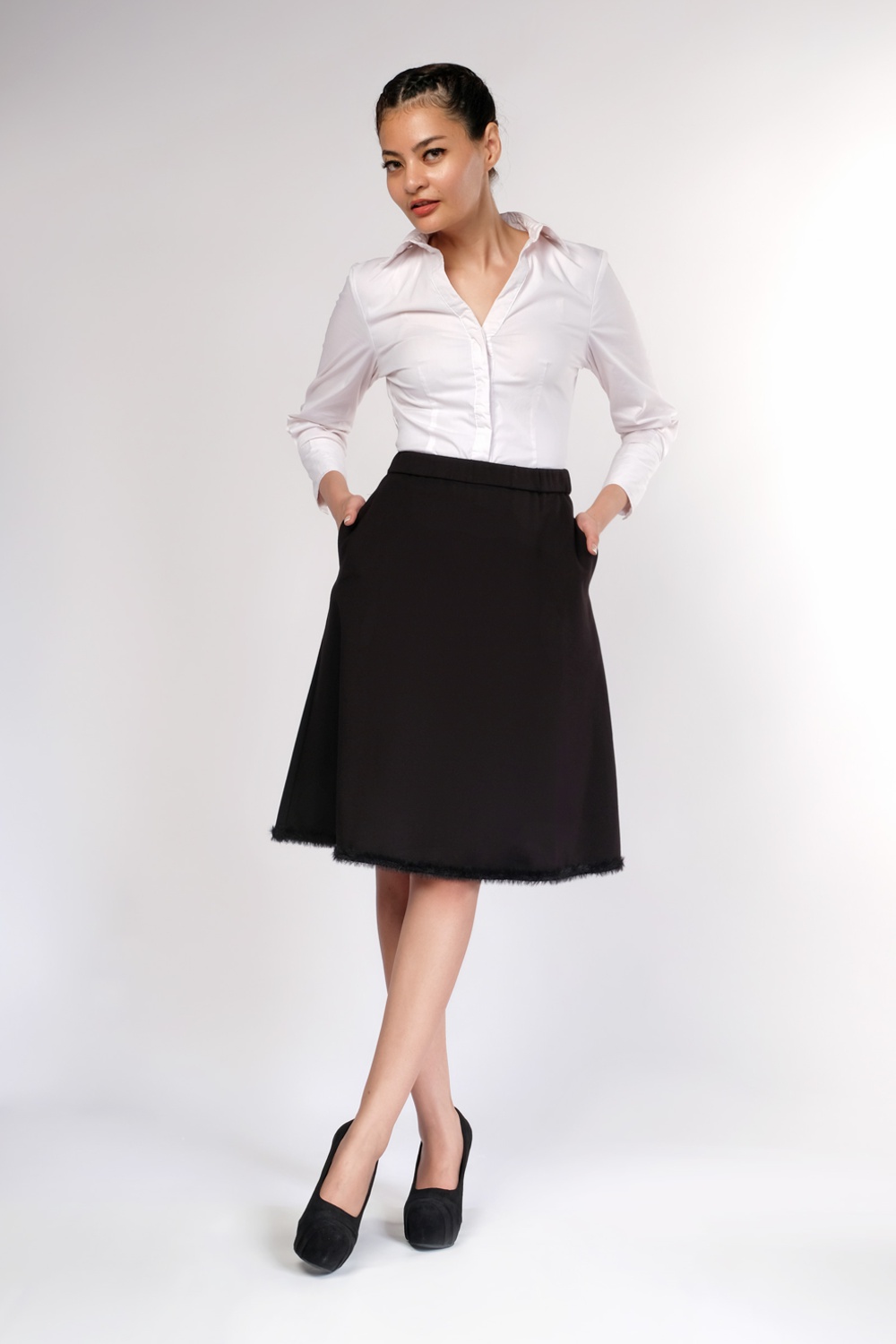 Black A-Line Skirt with Fur Trim