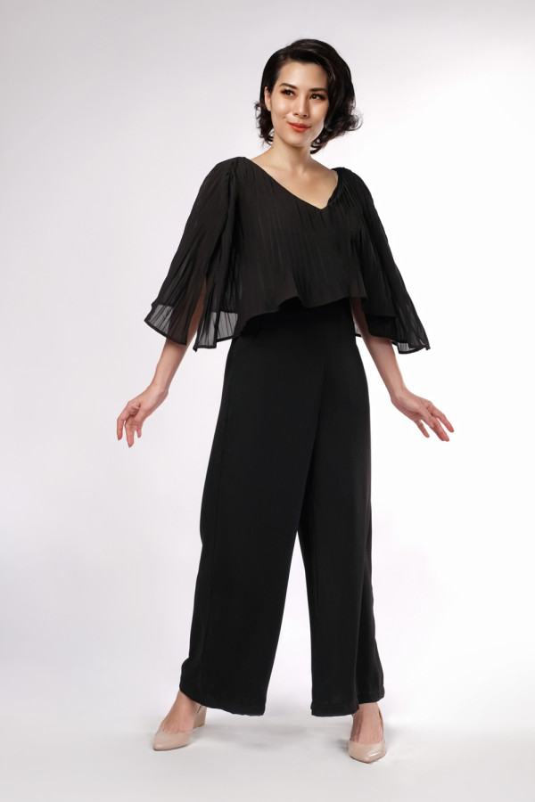 Black Short Cape Sleeve Jumpsuit