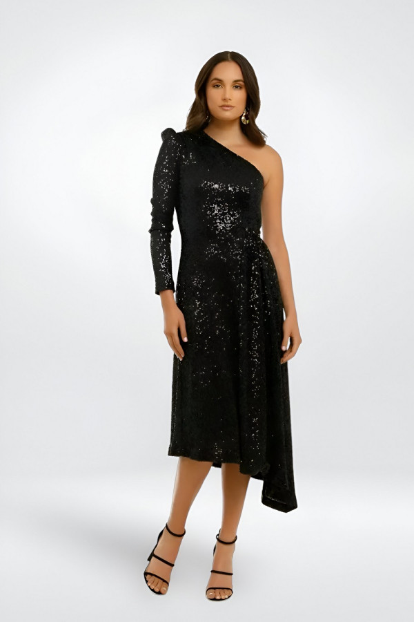 Mona One-Shoulder Asymmetric Sequin Dress