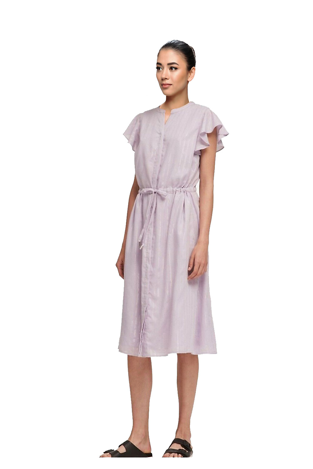 Womens Button Down Flutter Sleeve Midi Dress