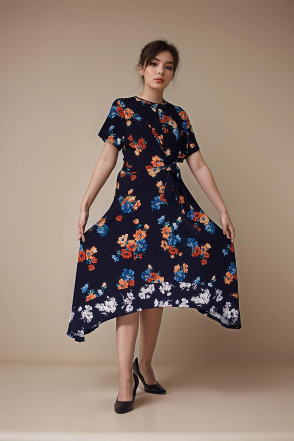 Navy Floral Wrap at Front Dress