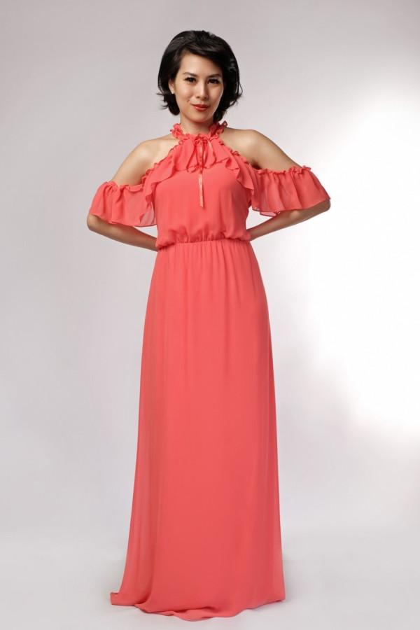 Spiced Coral Tracie Ruffle Cold Shoulder Chiffon Maxi Dress