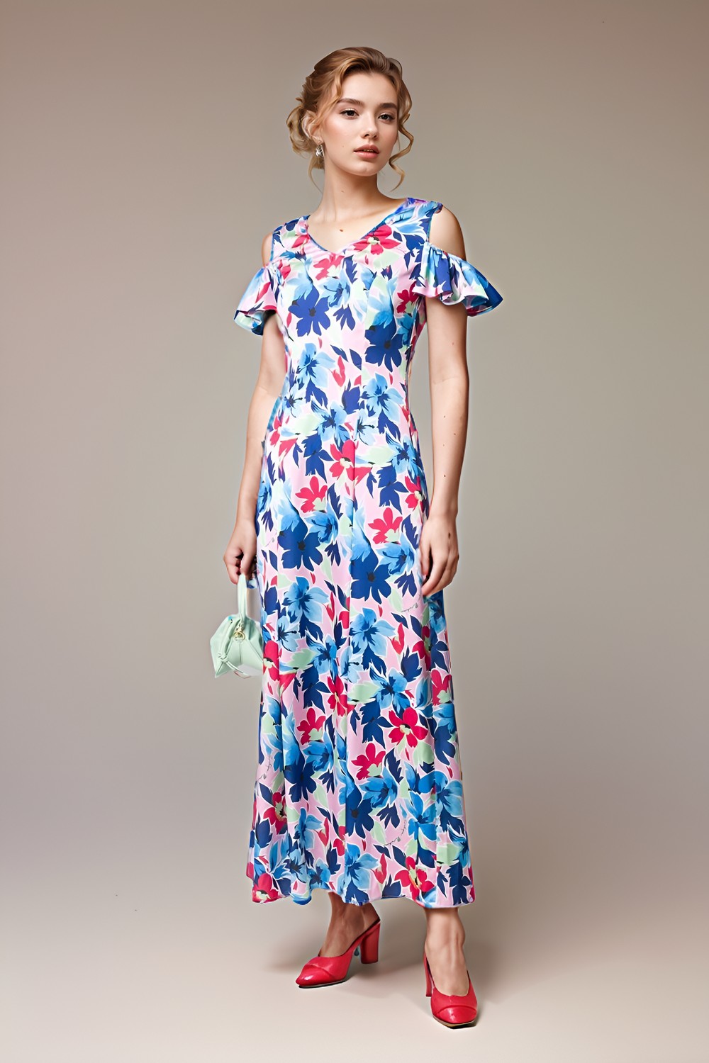 Cold Shoulder Pleated Floral Dress