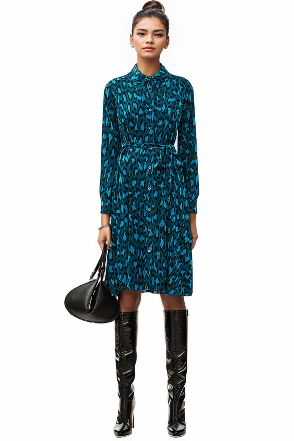 Carli Blue Leopard Print Ruffle Silk Wrap Dress