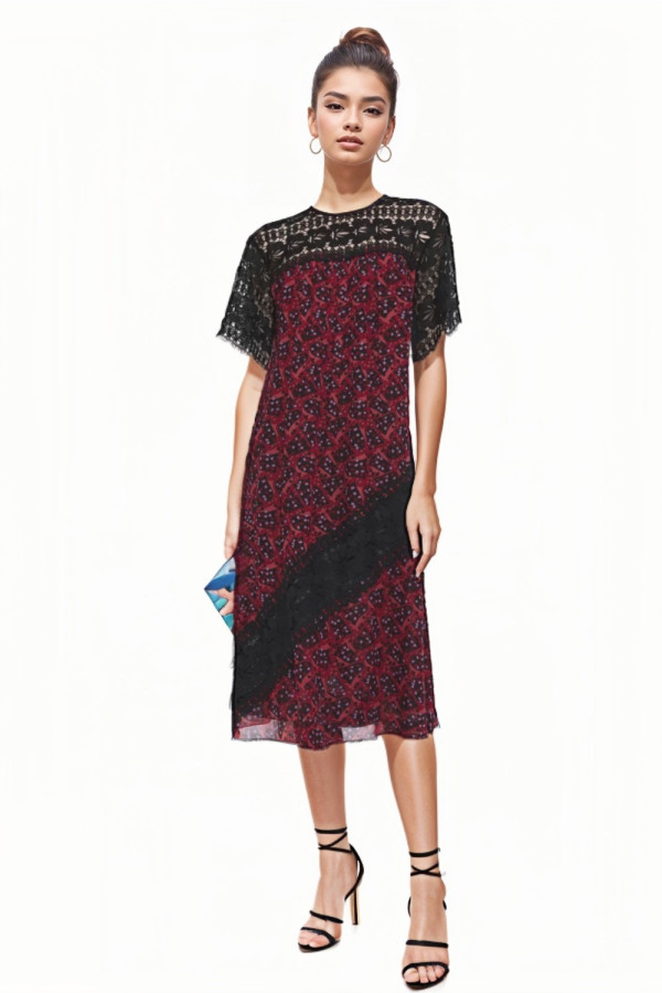 Paneled Guipure Floral Print Dress