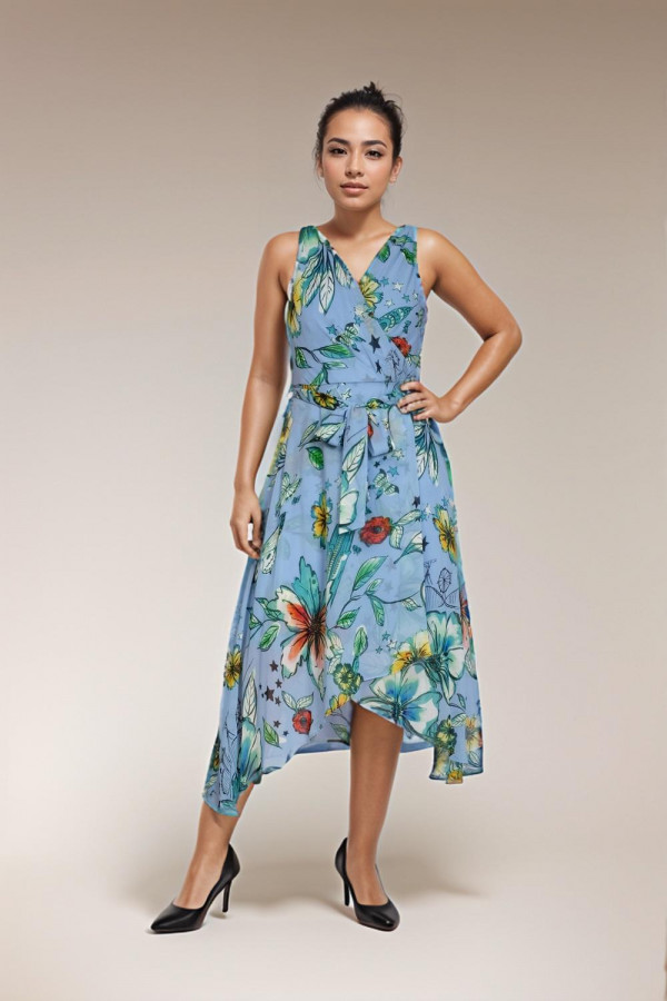 Women Light Blue Printed Sleeveless Sheath Dress