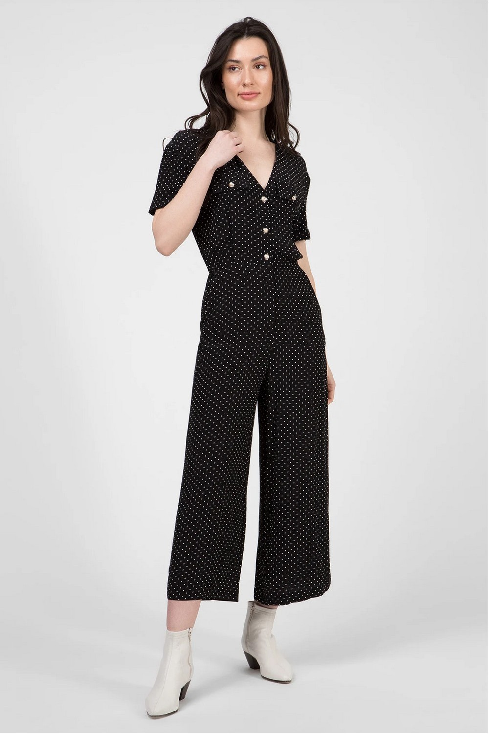 Cropped Button Embellished Polkadot Crepe de Chine Jumpsuit