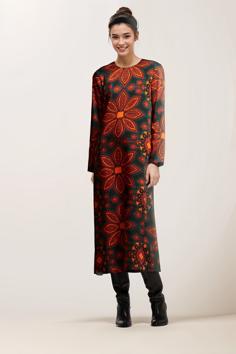Woman Round Neck Printed Midi Dress Multicolor