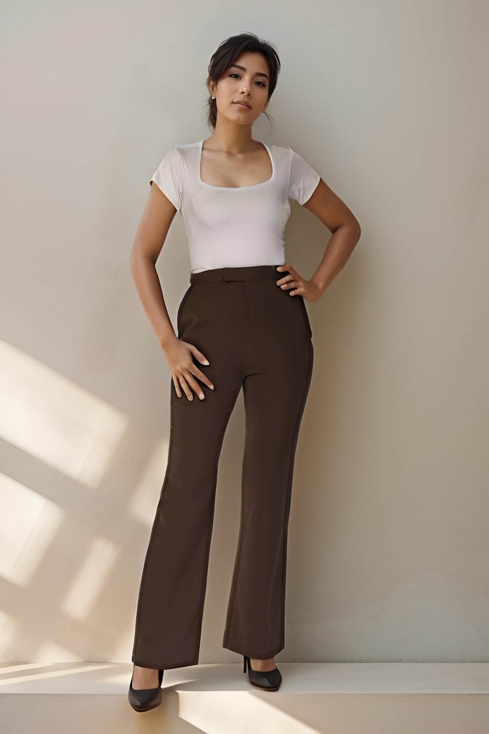 Brown Long Fit and Flare Pants