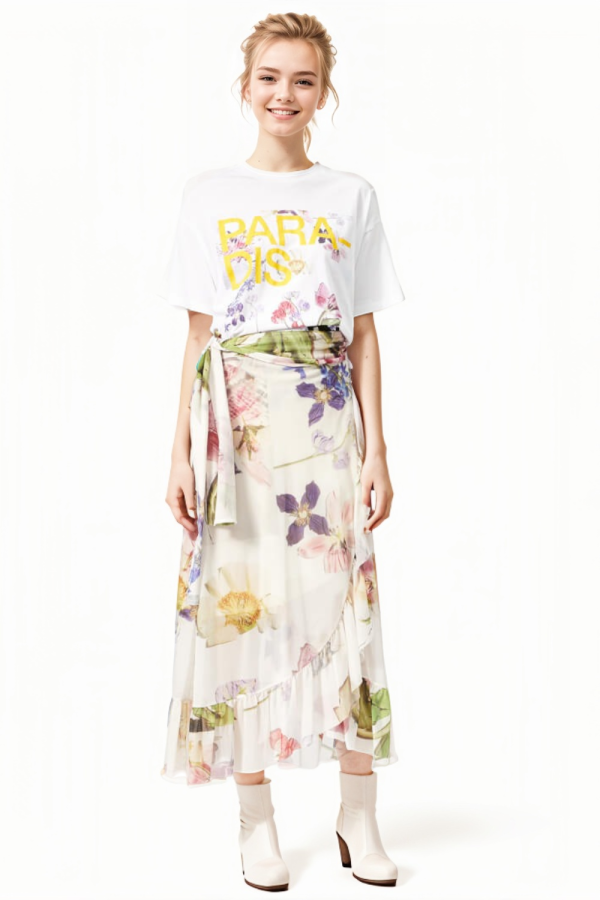 Floral-Print Stretch-Tulle Midi Wrap Skirt