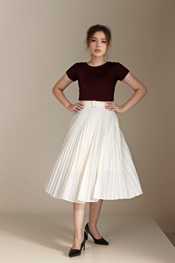 Belted Pleated Cream Skirt