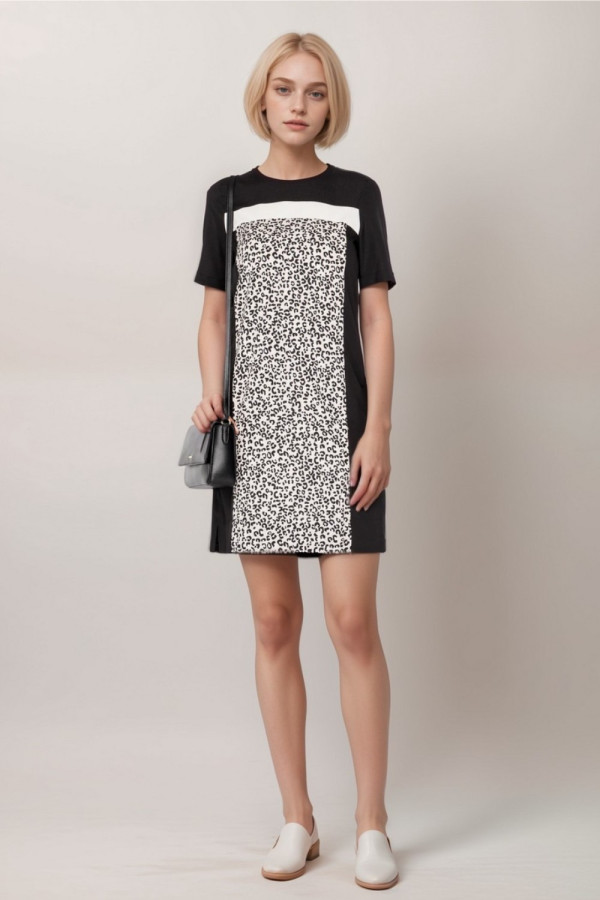 Stone & White Leopard Color Block Dress