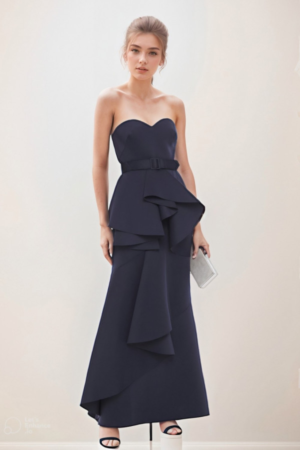 Strapless Belted Ruffled Scuba Gown