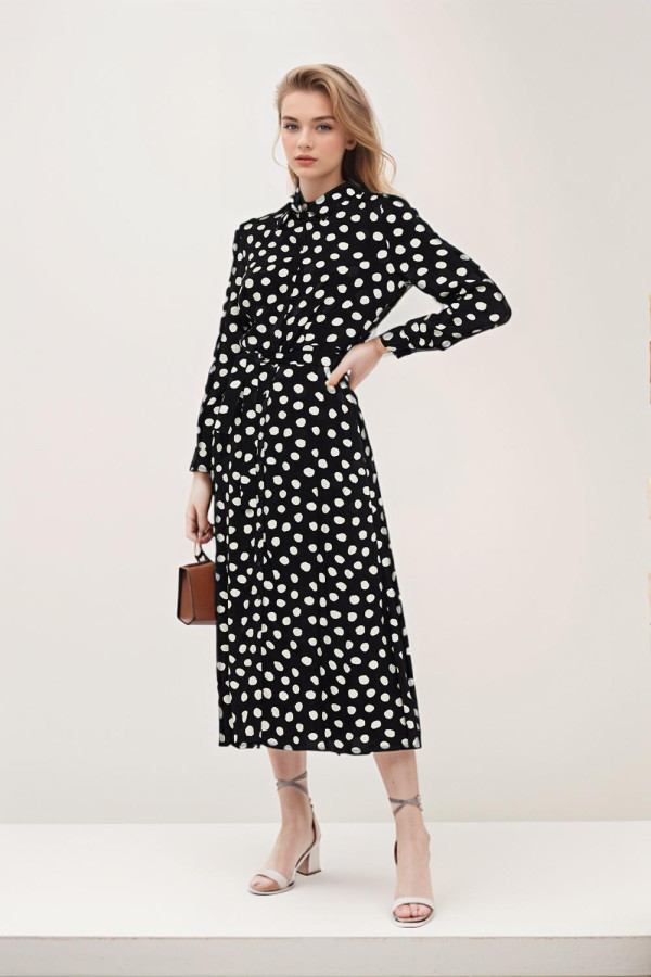 Belted Polkadot Satin Jacquard Midi Dress