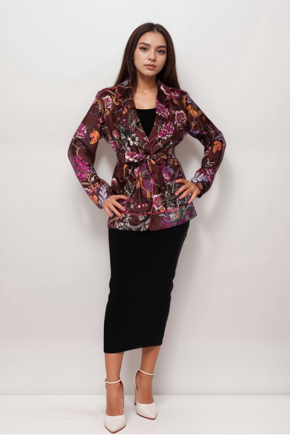 Belted Floral Print Silk Twill Blazer Oversize