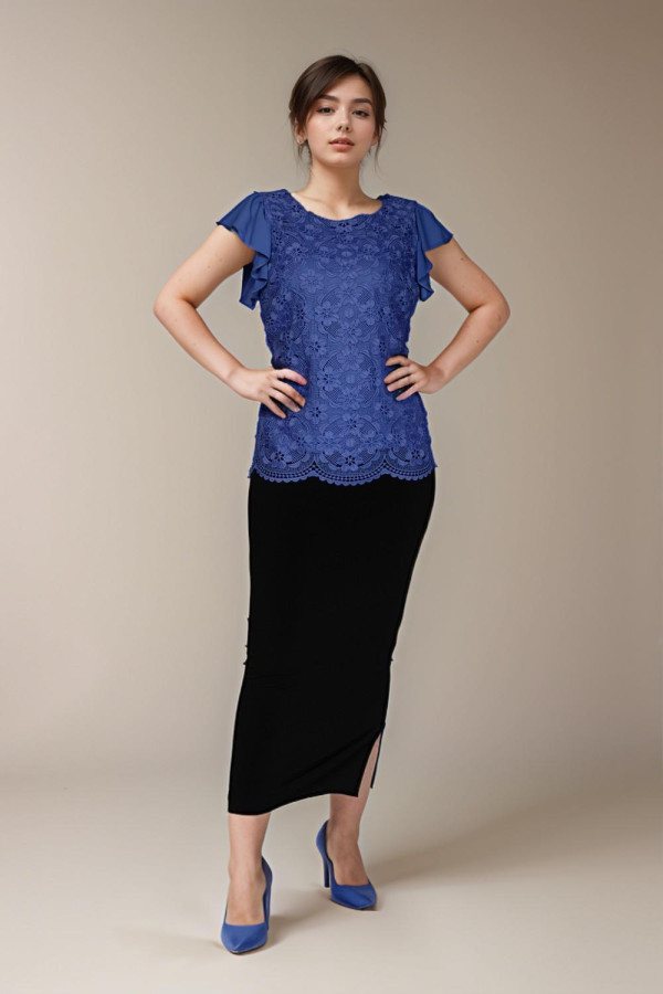 Croched Front Lace Shirt Overlayed Blue Woman