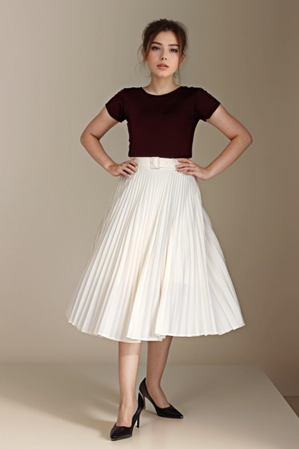 Belted Pleated Cream Skirt