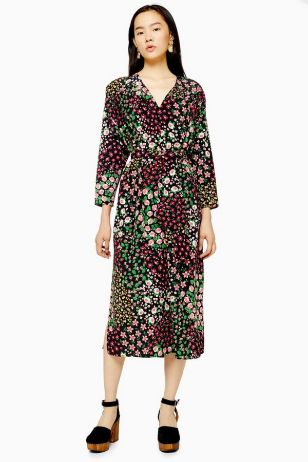 Long Sleeve Belted Floral Midi Dress