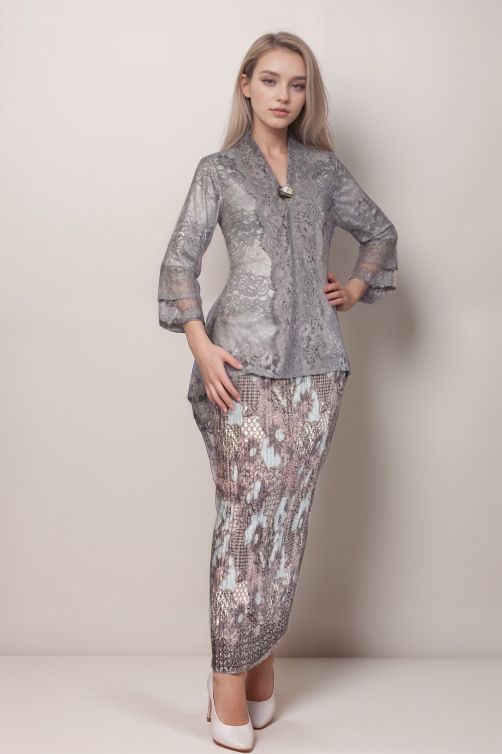 Elegant Grey Kebaya with Silver Brooch