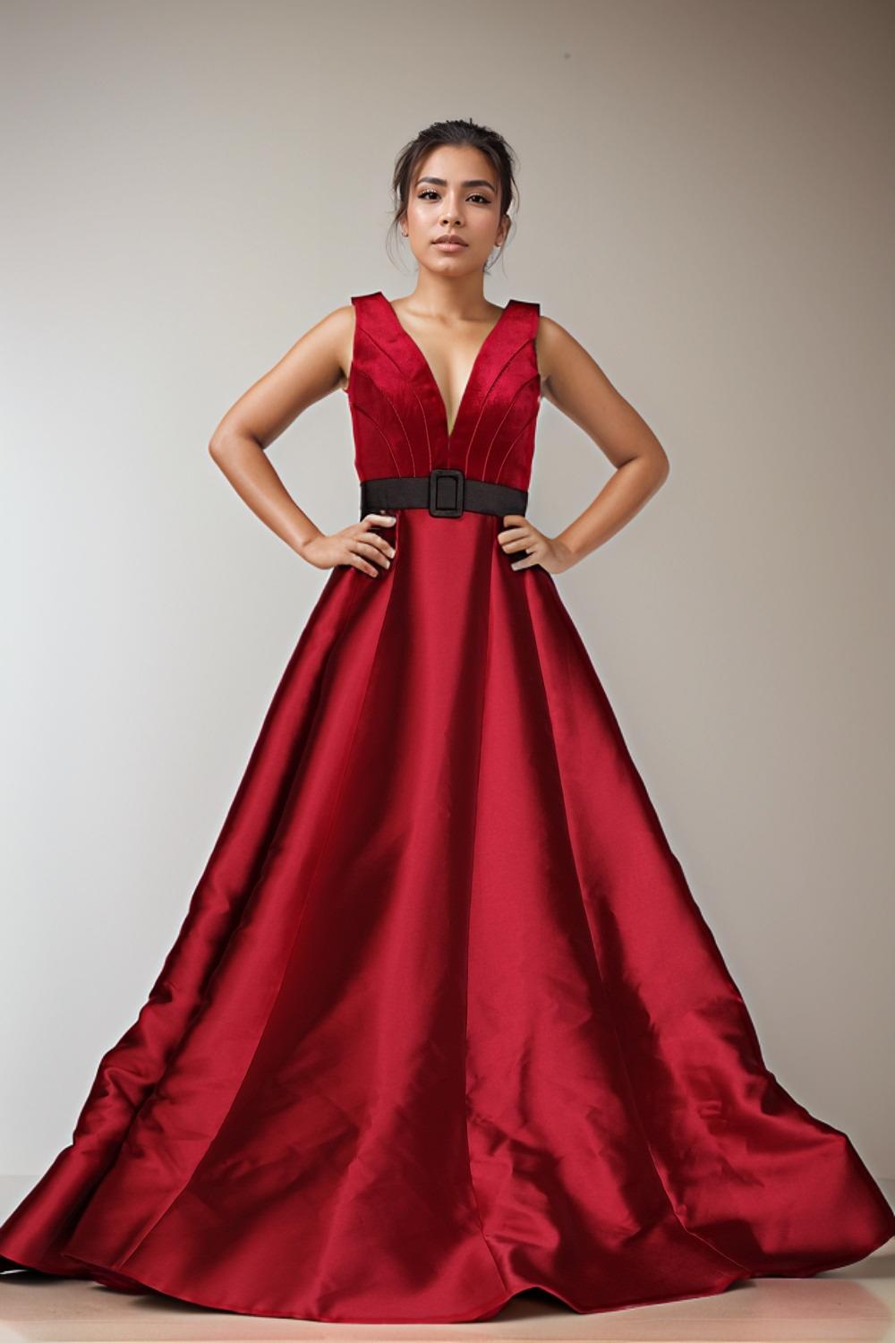 Red Velvet V-Neck Gown with Ball Skirt