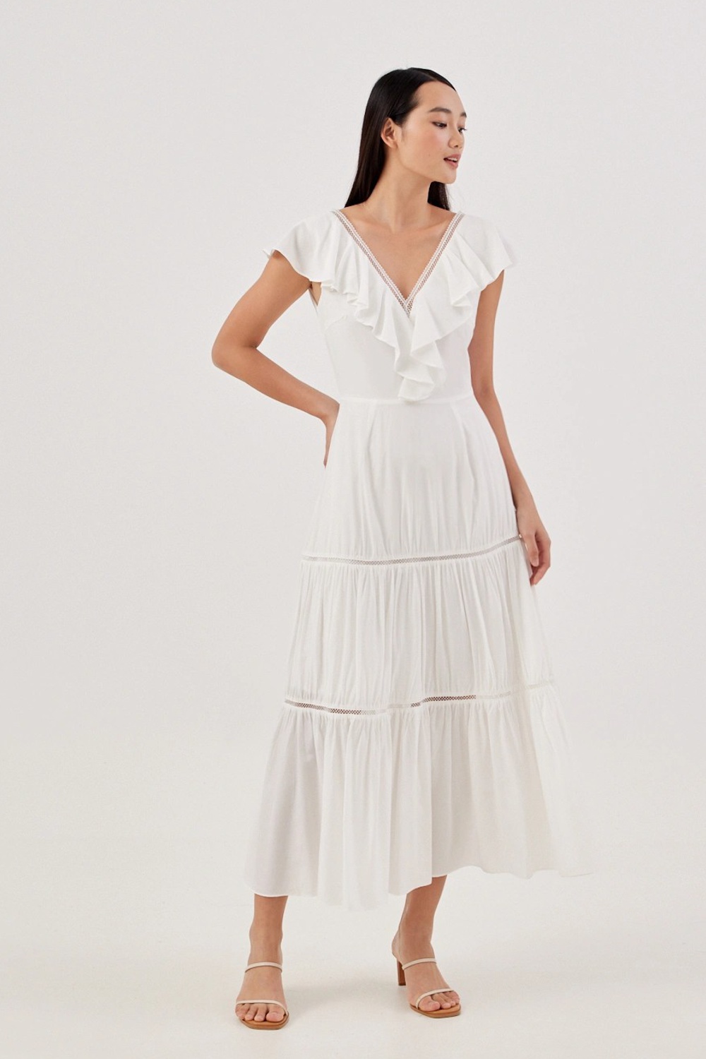 Lela Ruffle Lace Trim White Dress