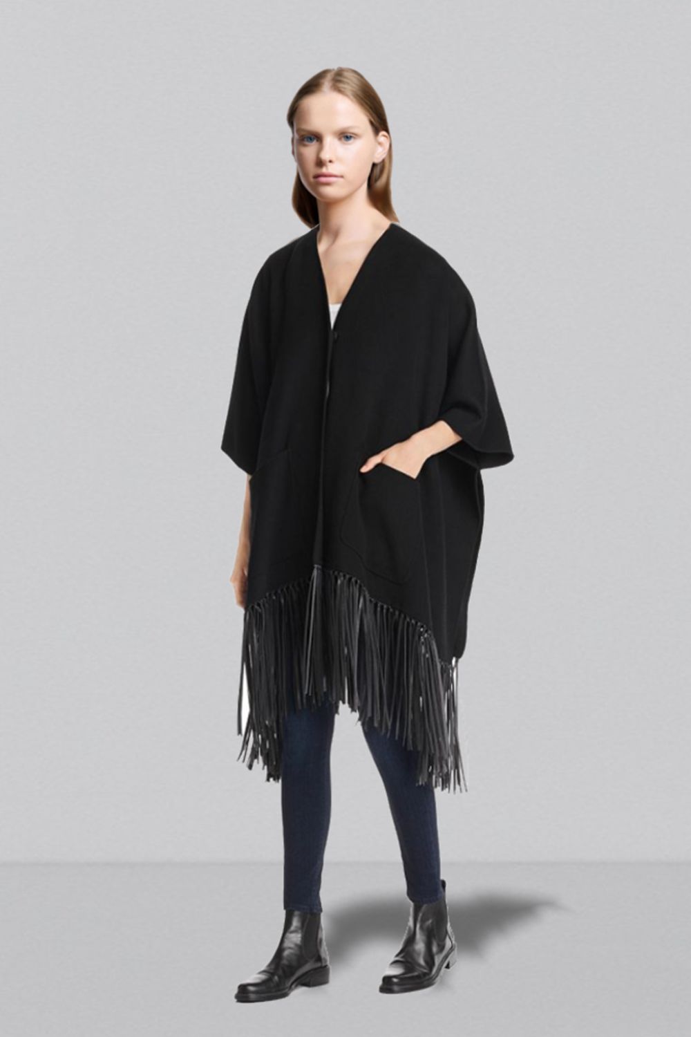 Black Wool Cape with Fringes