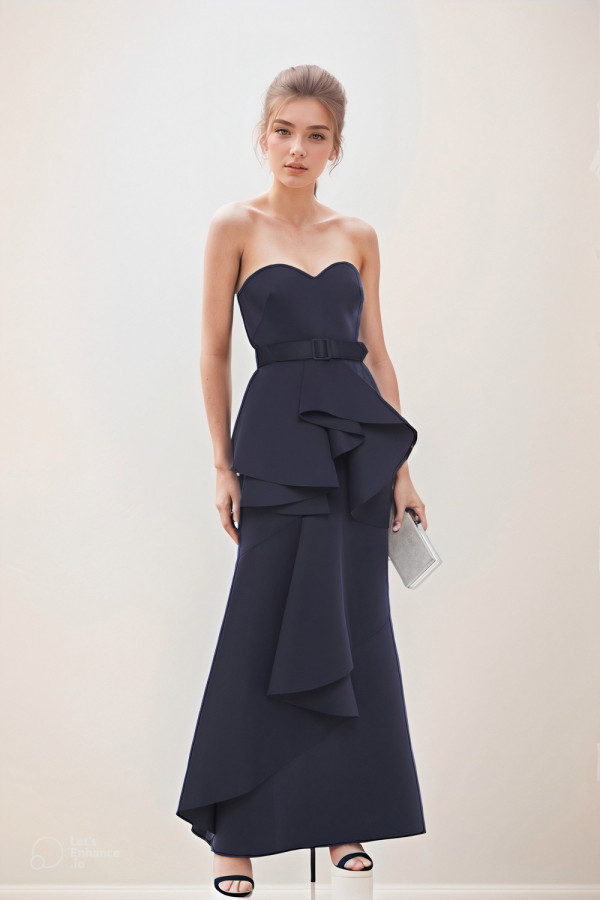 Strapless Belted Ruffled Scuba Gown