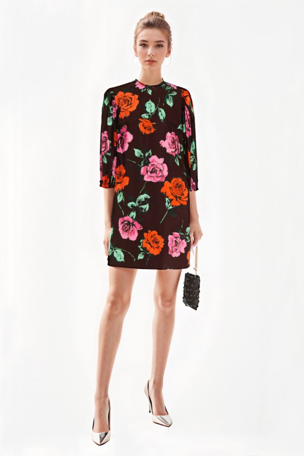 Gathered Floral Print Cotton Poplin Mini Dress