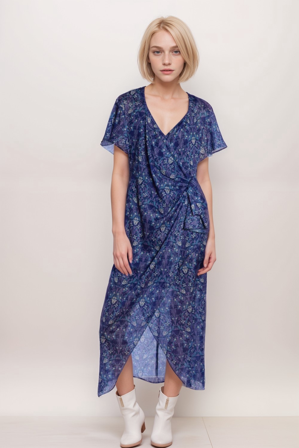 Drapped Metallic Printed Chiffon Dress