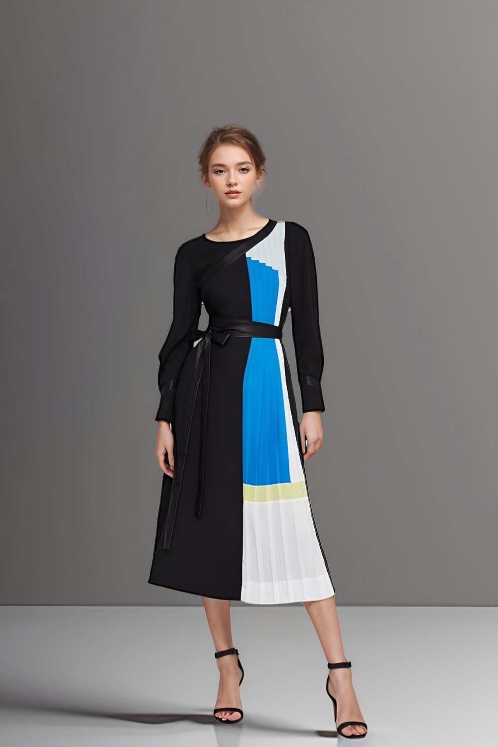 Color Block Knife Pleated Front Black Dress