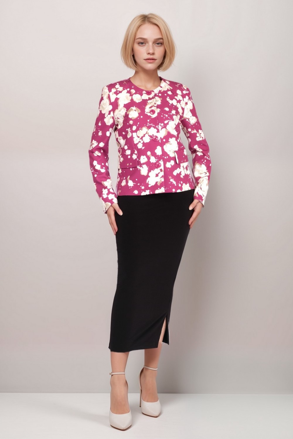 Floral Print Stretch Crepe Jacket