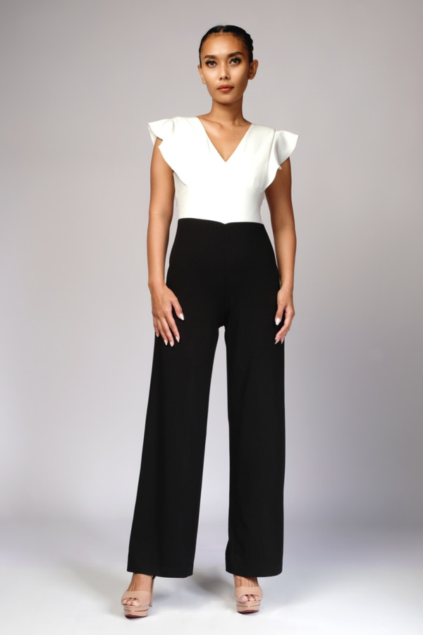 Ruffle Detail Jumpsuit Ivory Black